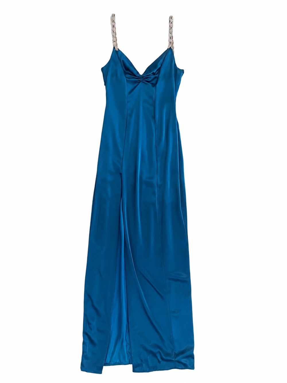 Blue Satin Slip Maxi Dress with Chain Straps
